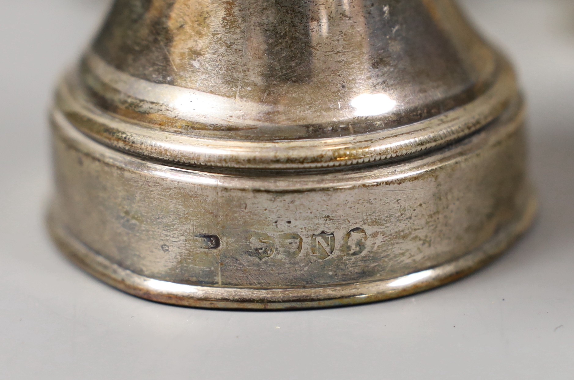 Sundry small silver including a late Victorian silver mounted pepper grinder, a paired silver vase, two handle trophy cup and a cigarette case, together with a white metal mounted miniature elephant with howdah and three